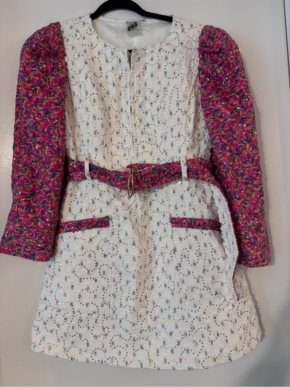 Queen of Sparkle Tweed White Sequin Bouclé Dress with Pink Sleeves